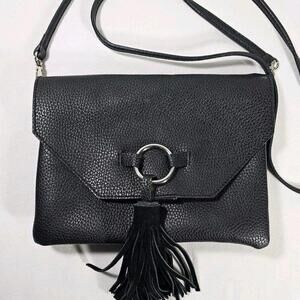 Anthropologie Street Level Black Pebbled Leather Fringe Tassel Crossbody Bag